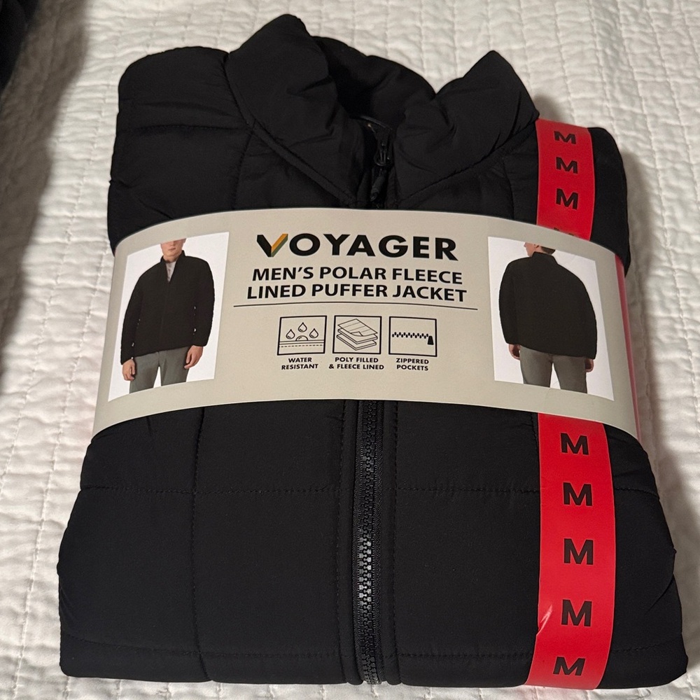 Black Men's Polar Fleece Lined Puffer Jacket